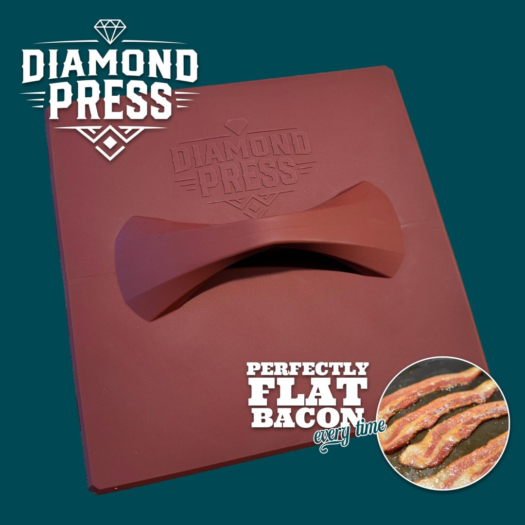The Diamond Press bacon flattener by Leclerc, featuring a red press and perfectly flat cooked bacon