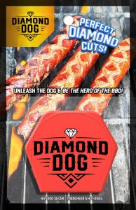 Diamond Dog hot dog slicer graphic showing scored hot dogs cooking on a BBQ grill.
